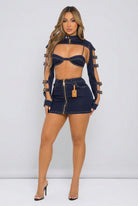 Women's Denim Bra Top & Shorts Set with Arm Sleeves - photo 2