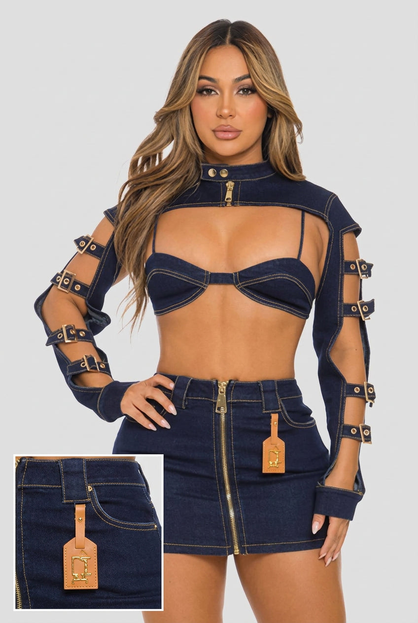 Women's Denim Bra Top & Shorts Set with Arm Sleeves