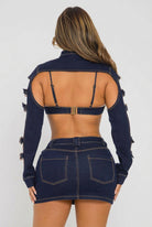 Women's Denim Bra Top & Shorts Set with Arm Sleeves - photo 3