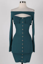 Women's Ribbed Off-Shoulder Cutout Button Front Mini Dress