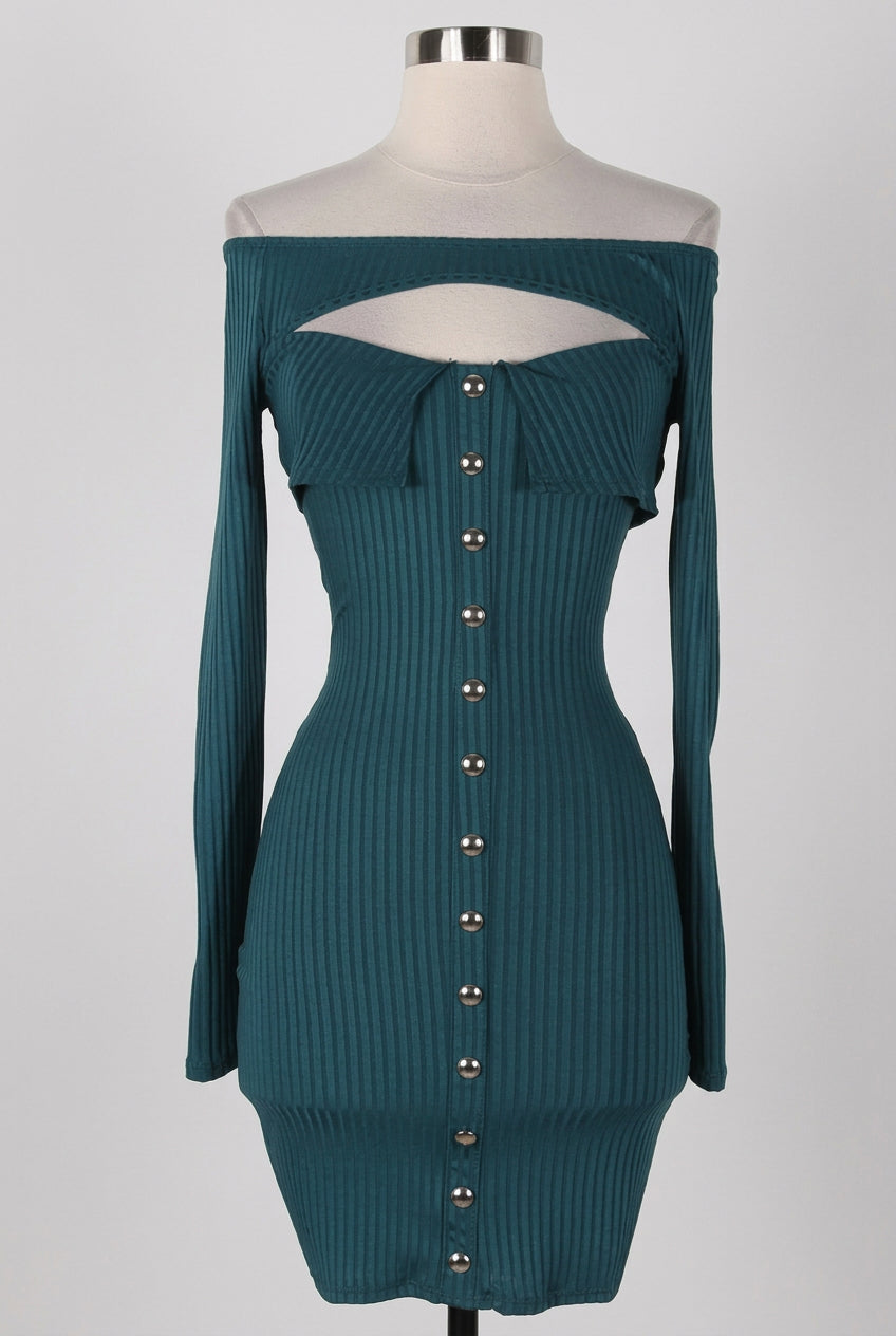 Women's Ribbed Off-Shoulder Cutout Button Front Mini Dress