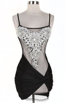 Women's Rhinestone Mesh Bodice Ruched Mini Dress