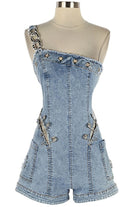 Women's One Shoulder Hardware Denim Jumpsuit