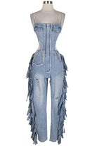 Women's Strapless Fringe Denim Jumpsuit