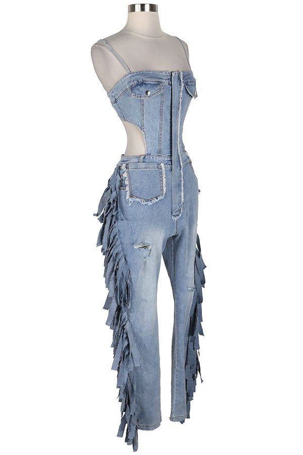 Women's Strapless Fringe Denim Jumpsuit - photo 2