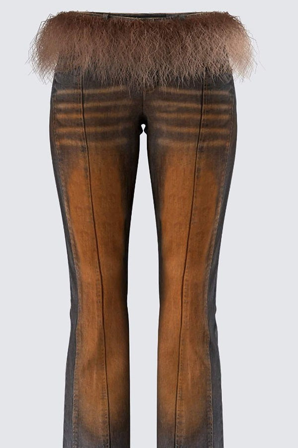 Women's Faux Fur Trim Low Rise Flare Jeans