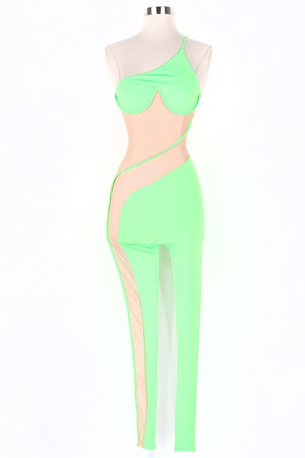 Women's One Shoulder Mesh Panel Jumpsuit