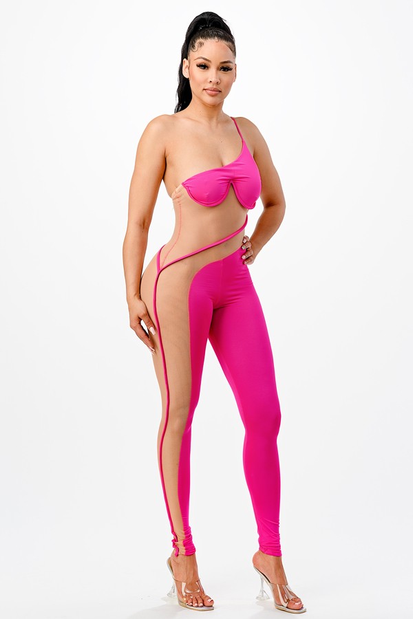 Women's One Shoulder Mesh Panel Jumpsuit - photo 2