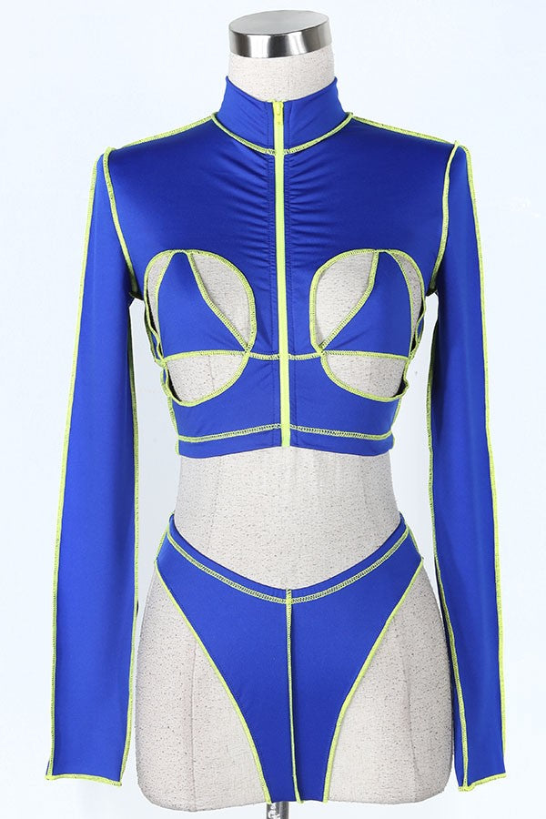 Women's blue cutout long sleeve top and pants set
