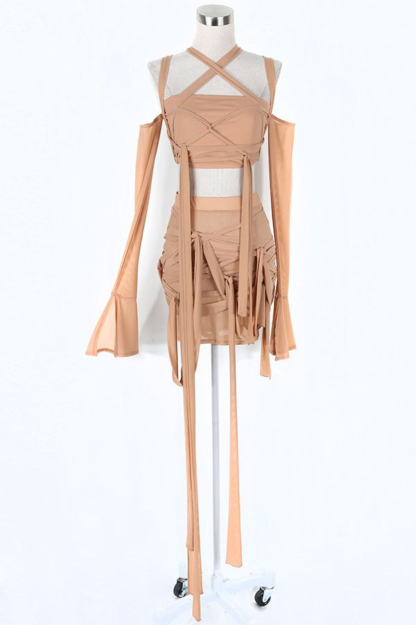 Women's mocha strappy cutout halter top and mini skirt set - photo 4