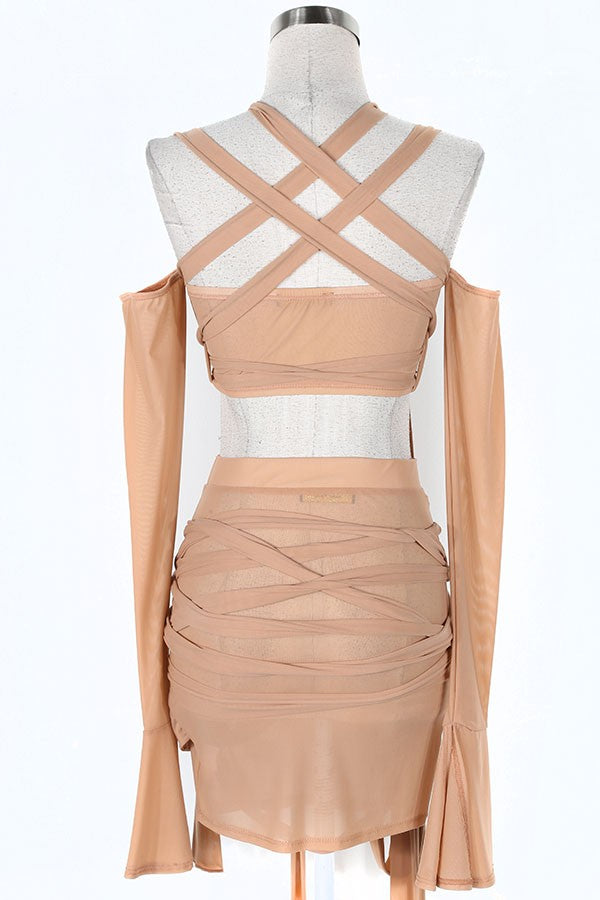 Women's mocha strappy cutout halter top and mini skirt set - photo 3