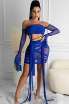 Women's blue strappy cutout halter top and mini skirt set