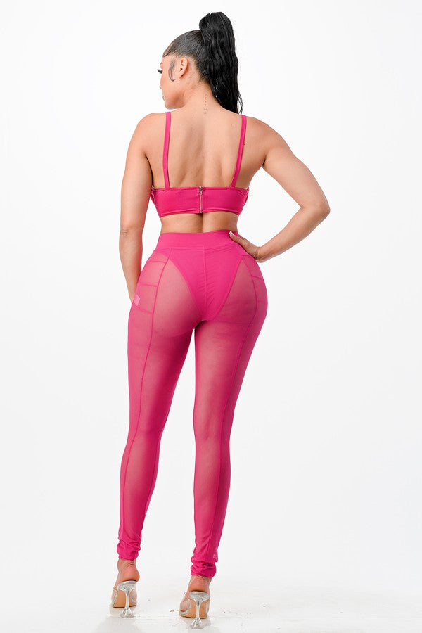 Women's pink mesh bra top and leggings set - photo 3