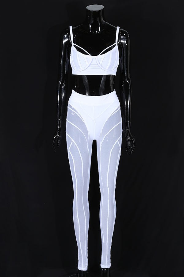 Women's white mesh bra top and leggings set