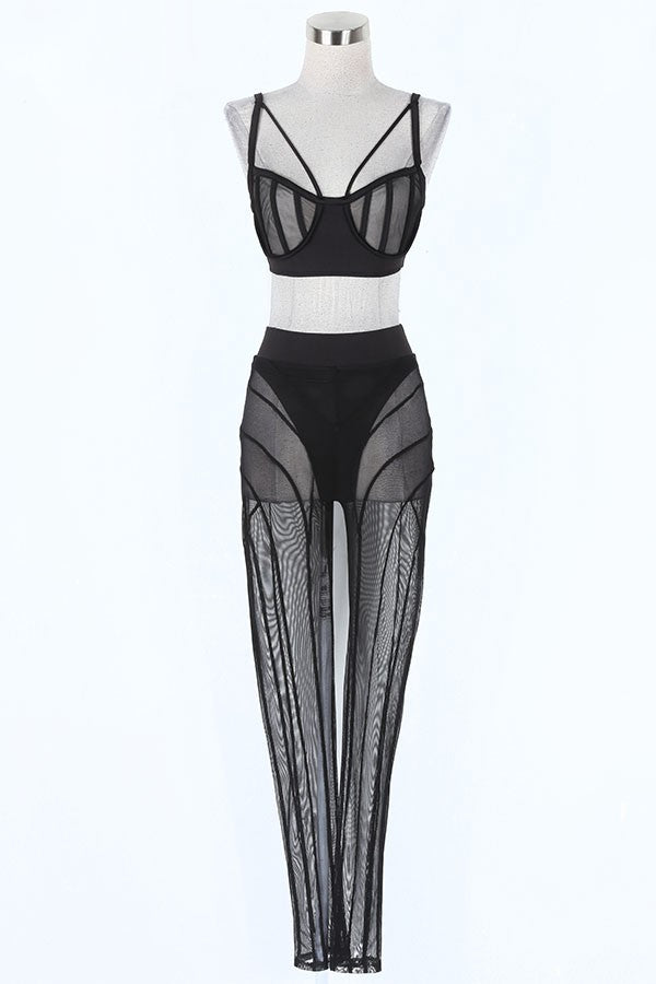 Women's black mesh bra top and leggings set