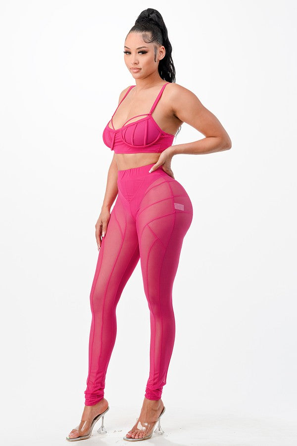 Women's pink mesh bra top and leggings set - photo 2