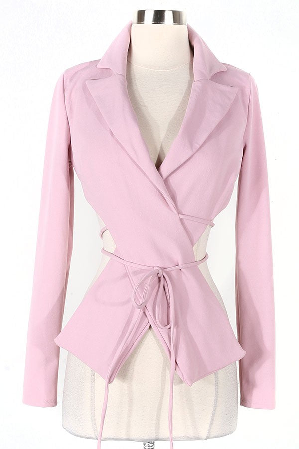 Women's pink v-neck long sleeve tie-front top