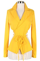Women's yellow v-neck long sleeve tie-front top