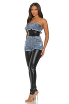 Women's Strapless Denim Bodice Contrast Pants Jumpsuit - photo 3