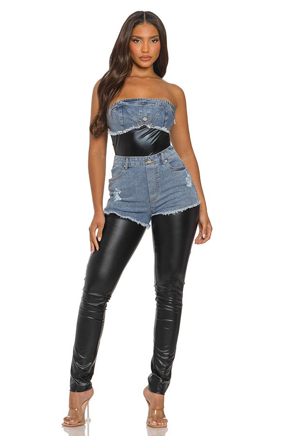 Women's Strapless Denim Bodice Contrast Pants Jumpsuit