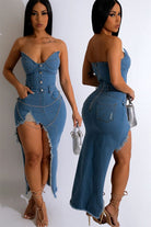 Women's Halter Side Slit Denim Maxi Dress - photo 2
