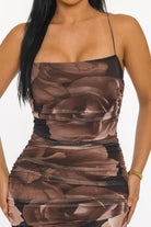Women's Eclipsed Rose Floral Print Ruched Asymmetrical Maxi Gown – detail view
