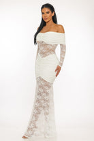 Women's Off-White Scarlet Muse Lace Off Shoulder Long Sleeve Mermaid Maxi Gown – side view