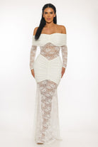 Women's Off-White Scarlet Muse Lace Off Shoulder Long Sleeve Mermaid Maxi Gown – back view