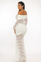 Women's Off-White Scarlet Muse Lace Off Shoulder Long Sleeve Mermaid Maxi Gown – front view