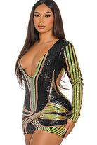 Women's Metallic Print Plunge Long Sleeve Mini Dress