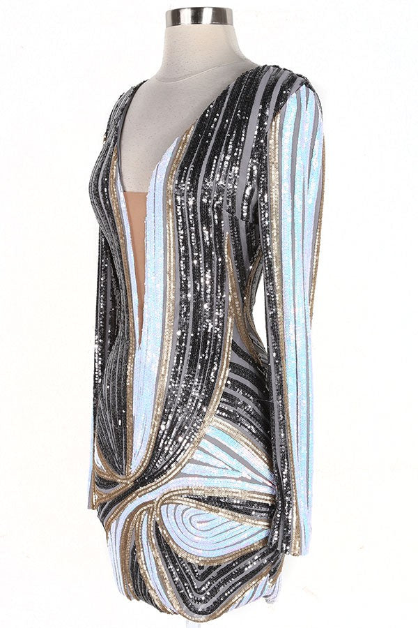 Women's Metallic Print Plunge Long Sleeve Mini Dress - photo 4