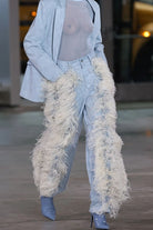 Women's light wash feather-trim wide-leg jeans - side