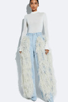 Women's light wash feather-trim wide-leg jeans - front