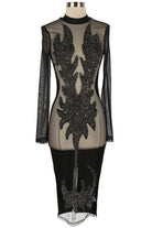 Women's Rhinestone Sheer Mesh Long Sleeve Midi Dress - photo 2