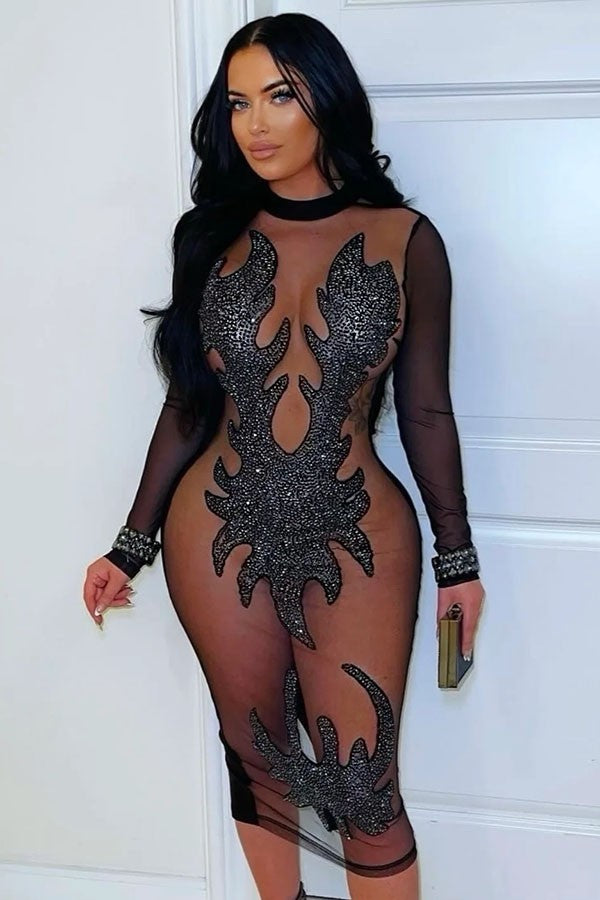 Women's Rhinestone Sheer Mesh Long Sleeve Midi Dress