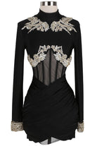 Women's Pearl Applique Mock Neck Long Sleeve Mini Dress