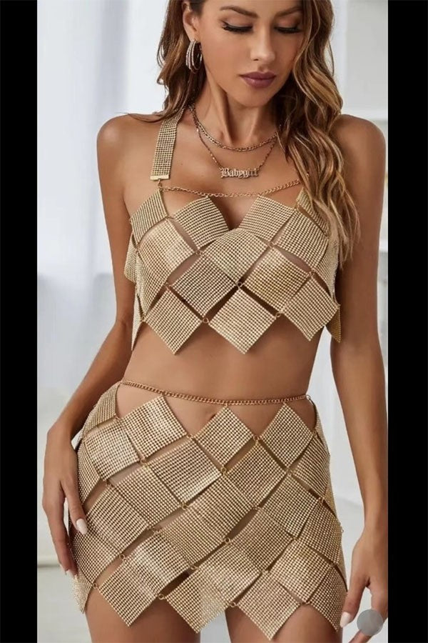 Women's gold sequin halter top and mini skirt set