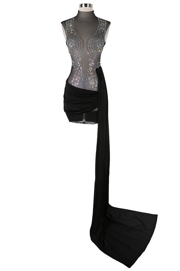 Women's black satin one-shoulder draped sash mini dress - photo 2