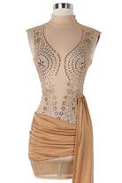 Women's gold satin one-shoulder draped sash mini dress