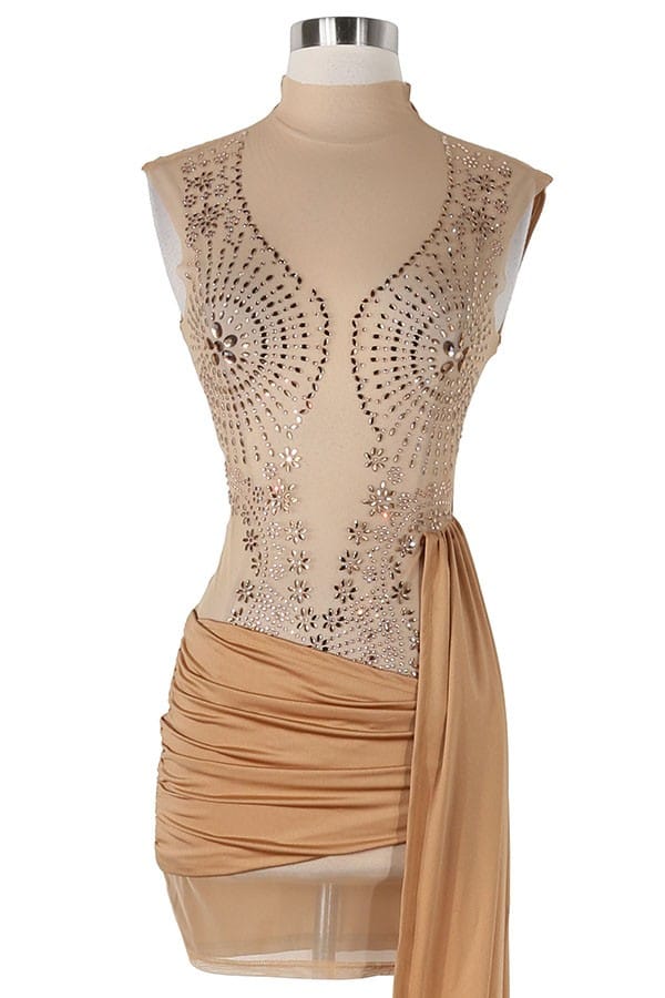 Women's gold satin one-shoulder draped sash mini dress