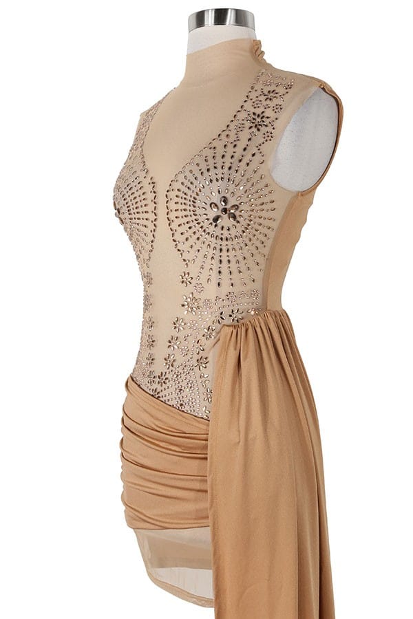 Women's gold satin one-shoulder draped sash mini dress - photo 3