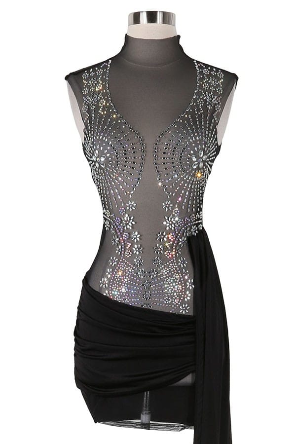 Women's black satin one-shoulder draped sash mini dress