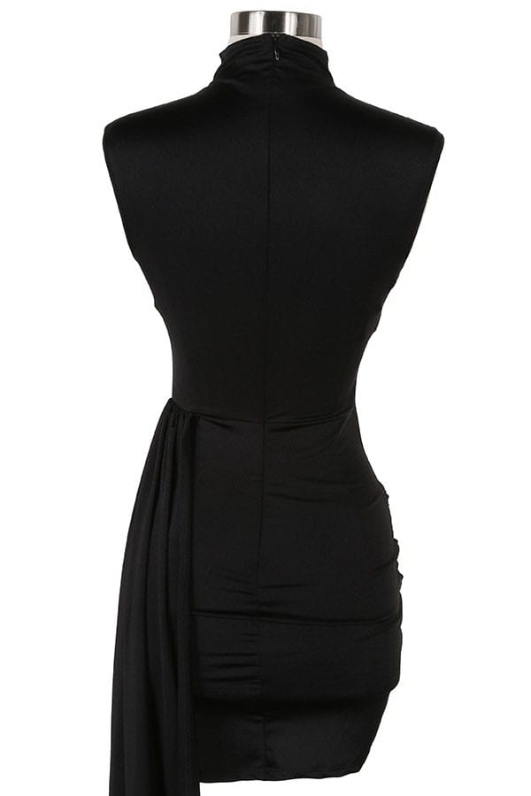 Women's black satin one-shoulder draped sash mini dress - photo 4