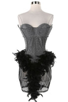 Women's black feather trim corset bustier mini dress