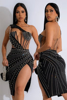 Women's One-Shoulder Rhinestone Fringe Draped Mini Dress - photo 2