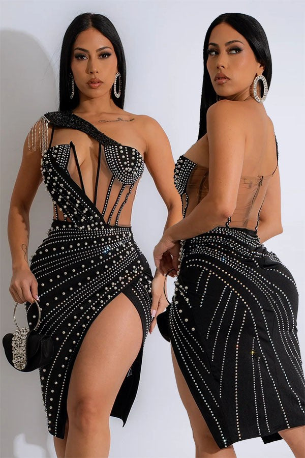 Women's One-Shoulder Rhinestone Fringe Draped Mini Dress - photo 2