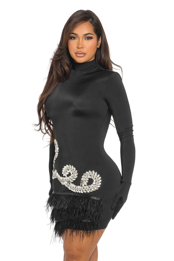 Women's Embellished Neckline Long Sleeve Mini Dress - photo 2