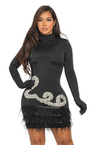 Women's Embellished Neckline Long Sleeve Mini Dress