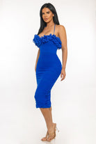Women's Royal Blue Passion Bloom Floral Appliqué Halter Ruched Midi Dress – back view