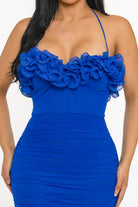 Women's Royal Blue Passion Bloom Floral Appliqué Halter Ruched Midi Dress – side view